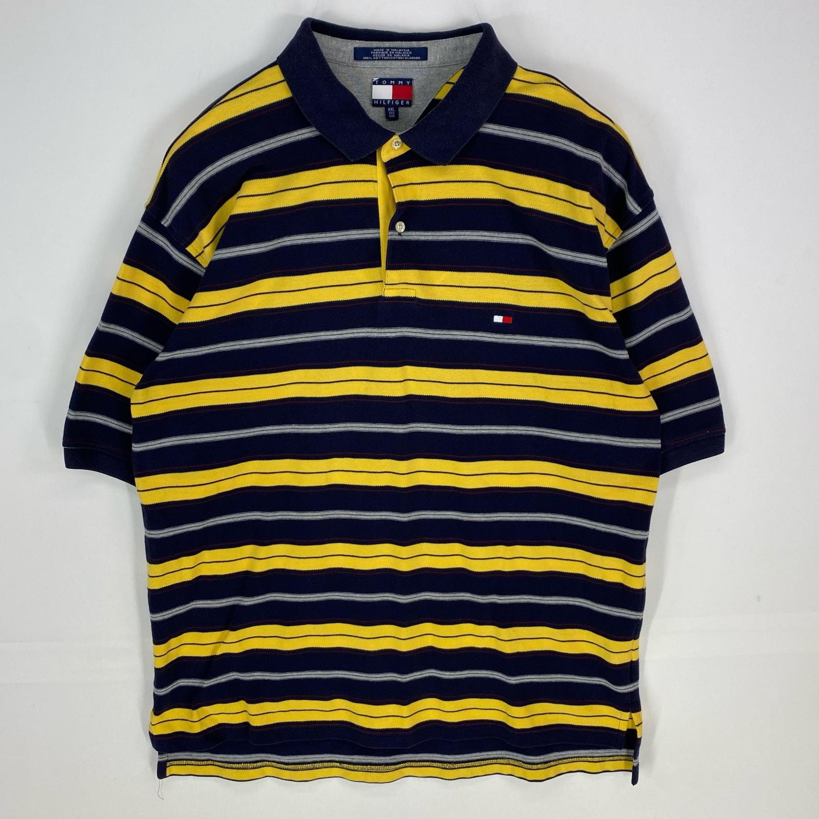 古着 トミーヒルフィガー TOMMY HILFIGER 鹿の子 半袖シャツ ワンポイント ポロシャツ ロゴ刺繍 2XL イエロー系 ボーダー メンズ