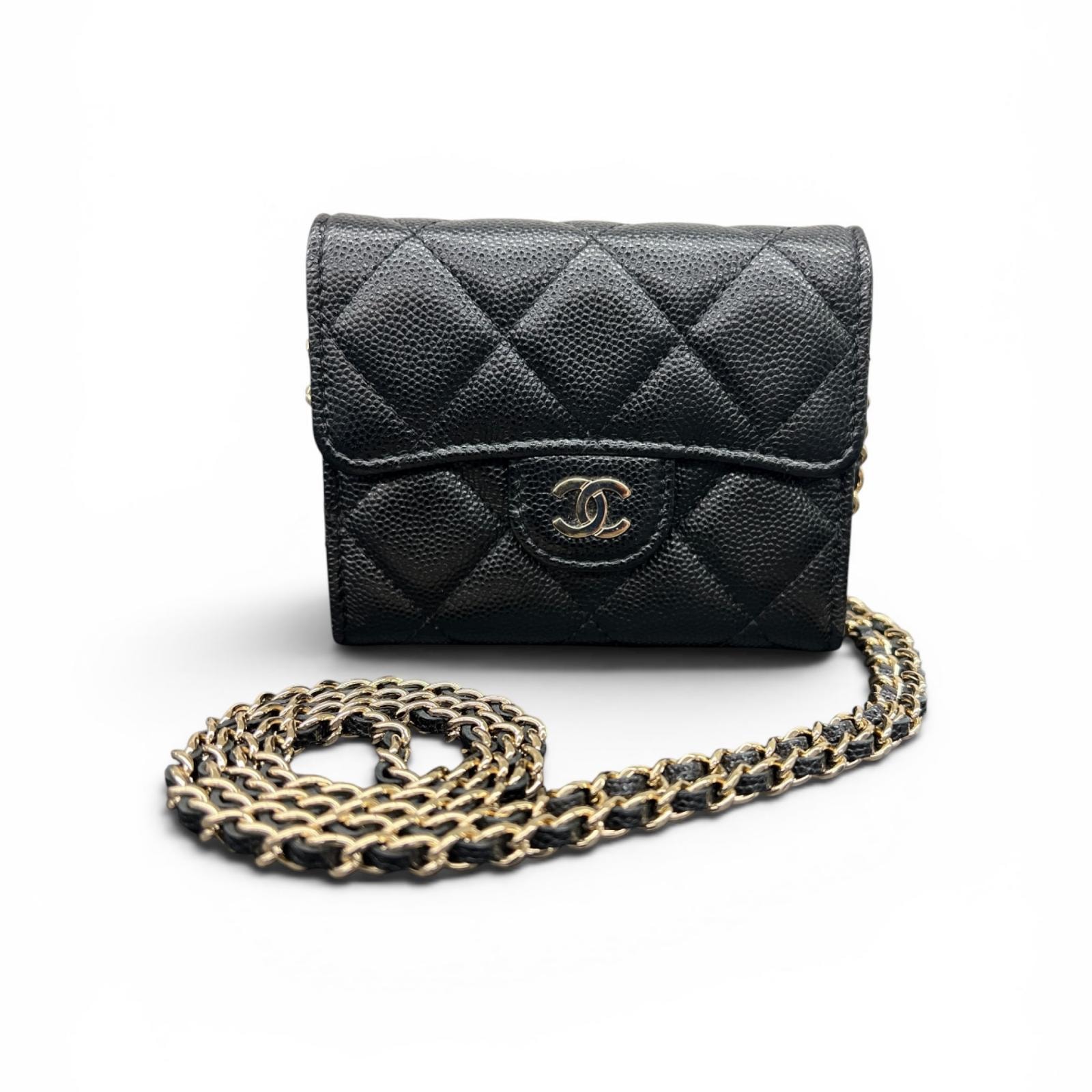 CHANEL 極美品 シャネル ミニマトラッセ クラシック チェーンショルダーバッグ チェーンウォレット キャビアスキン AP0238 30番台シリアル レザー ブラック コインケース ミニミニ ポシェット ココマーク Aランク 中古 鑑定