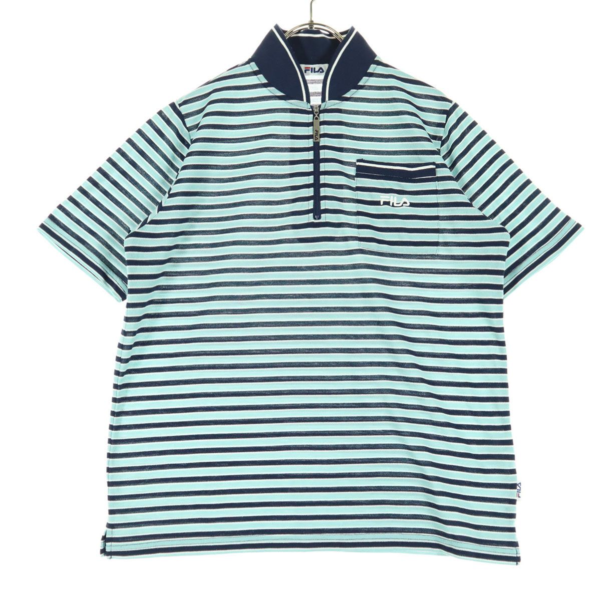 美品 FILA フィラ ボーダー柄 半袖 ジップアップ ポロシャツ 3L ブルー