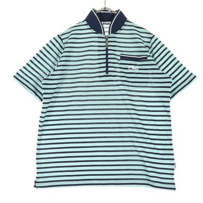 美品 FILA フィラ ボーダー柄 半袖 ジップアップ ポロシャツ 3L ブルー