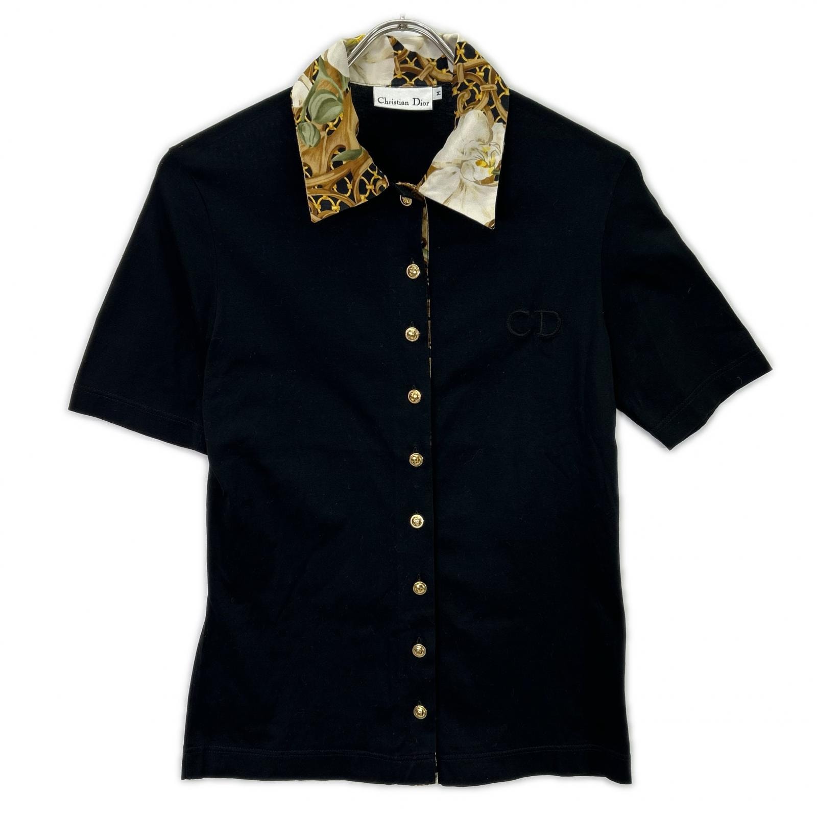 クリスチャンディオール ブラック コットン 金ボタン ヴィンテージ CDロゴ 半袖シャツ M