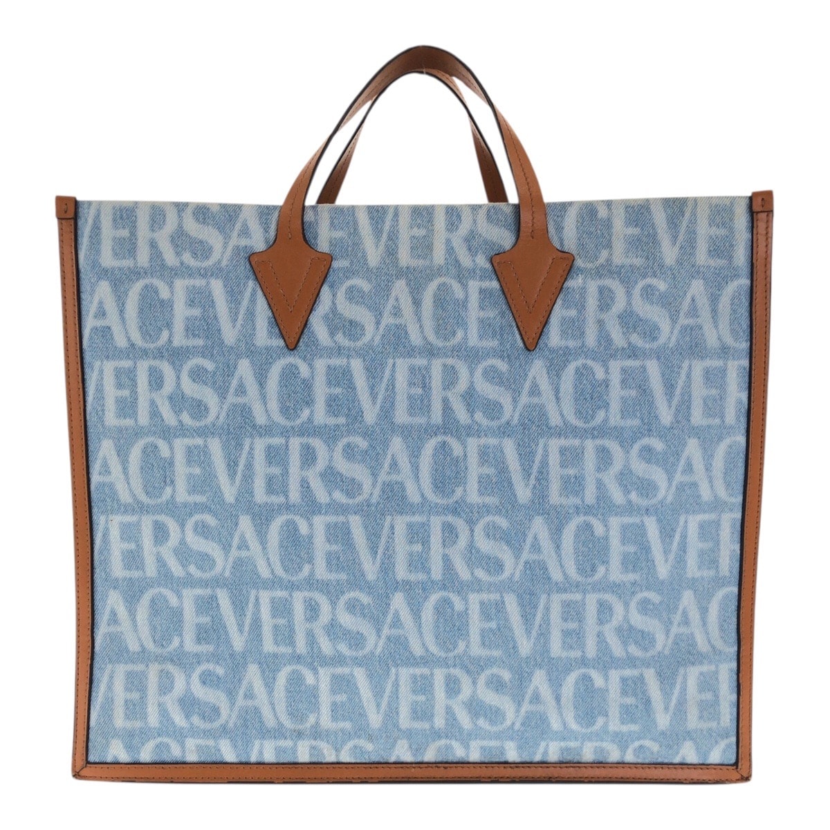 美品 VERSACE ヴェルサーチ オールオーバー デニム ブルー ブラウン キャンバス トートバッグ ハンドバッグ 505320 【中古】