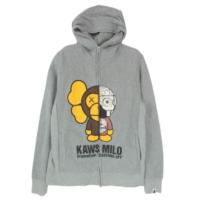 A BATHING APE アベイシングエイプ 11AW × KAWS MILO カウズ FULL ZIP HOODIE ベイビーマイロ 人体模型 ダブルジップ パーカー グレー系 M【中古】