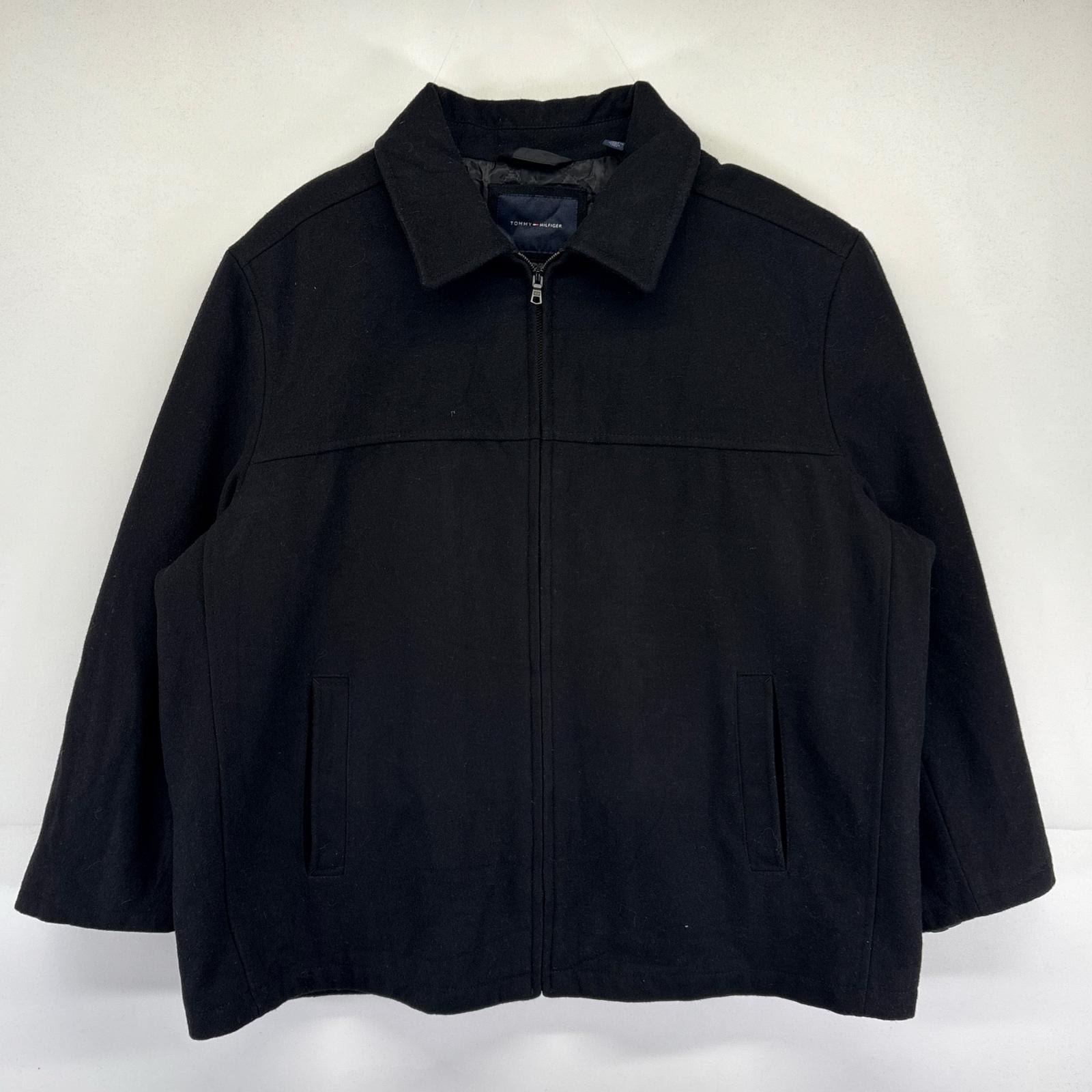 古着 トミーヒルフィガー TOMMY HILFIGER ウールジャケット 大きいサイズ フルジップ 無地 中綿 裏地キルティング 2XL  ブラック メンズ