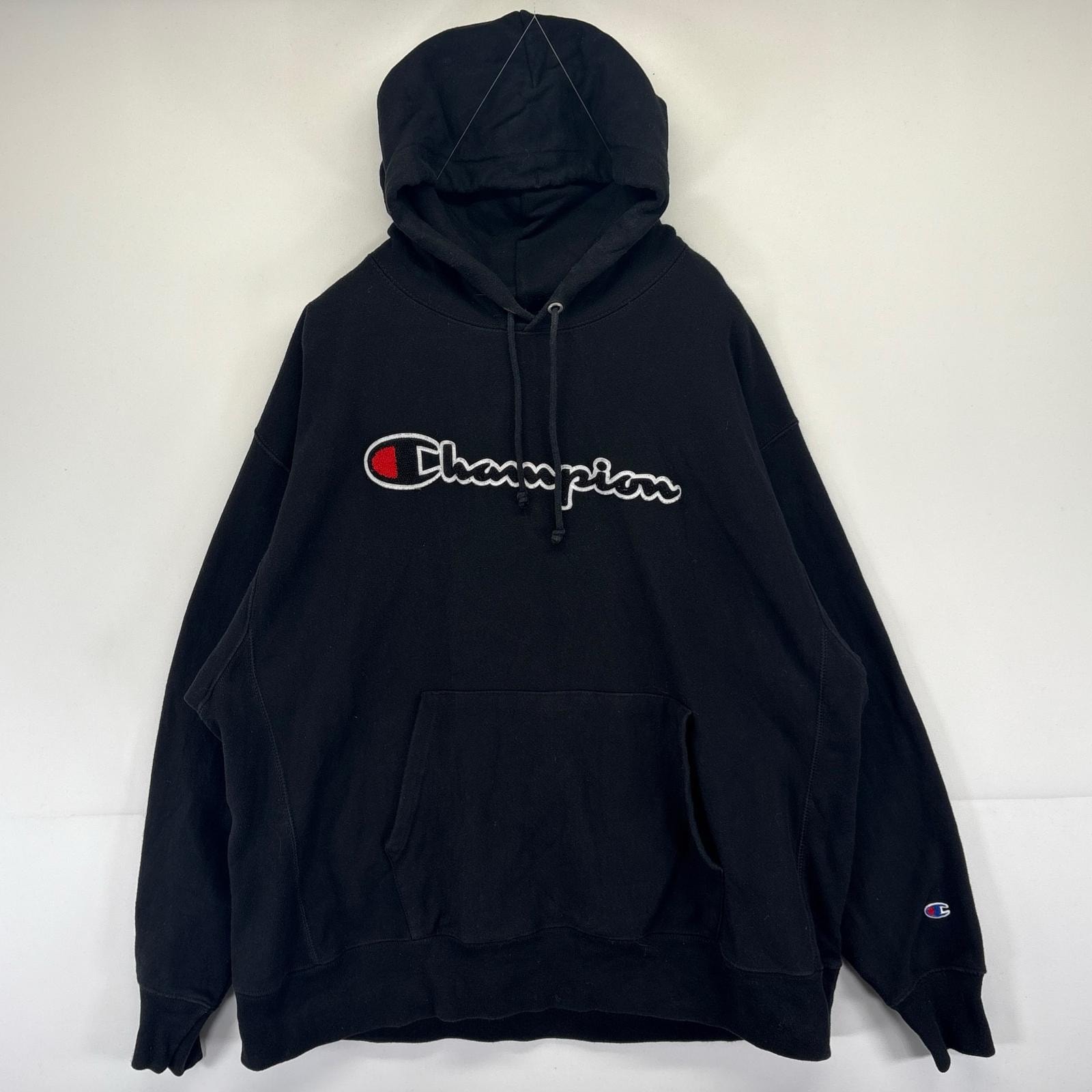 古着 チャンピオン Champion パーカー スウェット プルオーバー リバースウィーブ ビッグロゴ 大きいサイズ 2XL  ブラック メンズ
