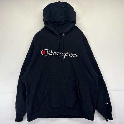 古着 チャンピオン Champion パーカー スウェット プルオーバー リバースウィーブ ビッグロゴ 大きいサイズ 2XL ブラック メンズ
