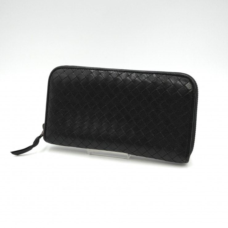 BOTTEGA VENETA(ボッテガヴェネタ)イントレチャート ラウンドファスナー長財布 ブラック レザー メンズ レディース イタリア製【中古】