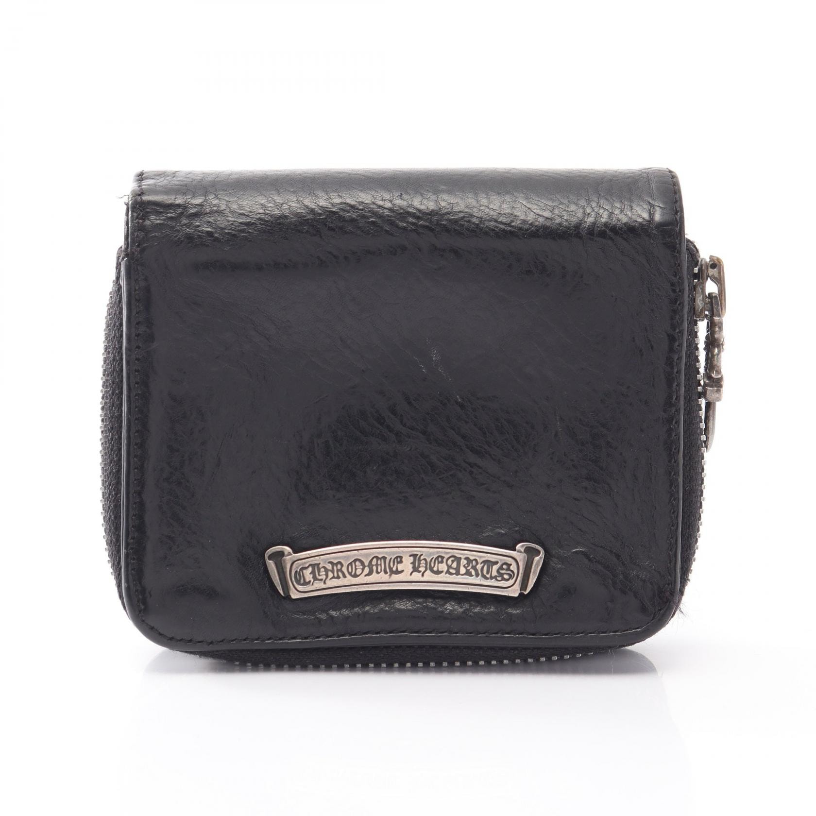 クロムハーツ CHROME HEARTS スクエアジップビル ウォレット 二つ折り財布 財布 レザー メンズ ブラック系 【中古】