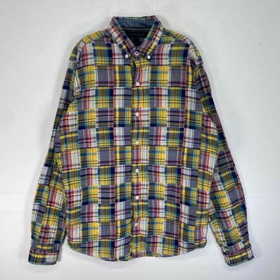 古着 トミーヒルフィガー TOMMY HILFIGER 長袖シャツ パッチワーク風 ロゴ 刺繍 ボタンダウン S マルチカラー チェック メンズ