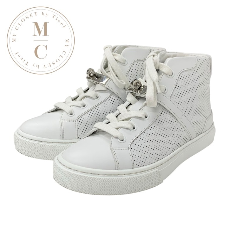 エルメス HERMES デイドリーム スニーカー 靴 シューズ レザー ホワイト 白 シルバー ケリー金具 パンチング ハイカットスニーカー 이미지