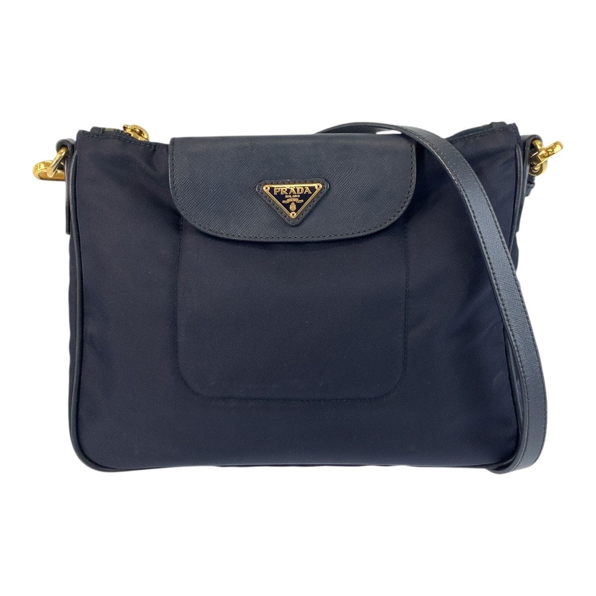PRADA プラダ テスート 三角ロゴプレート ネイビー ゴールド金具 ナイロン レザー/ ショルダーバッグ ポシェット 505725 【中古】