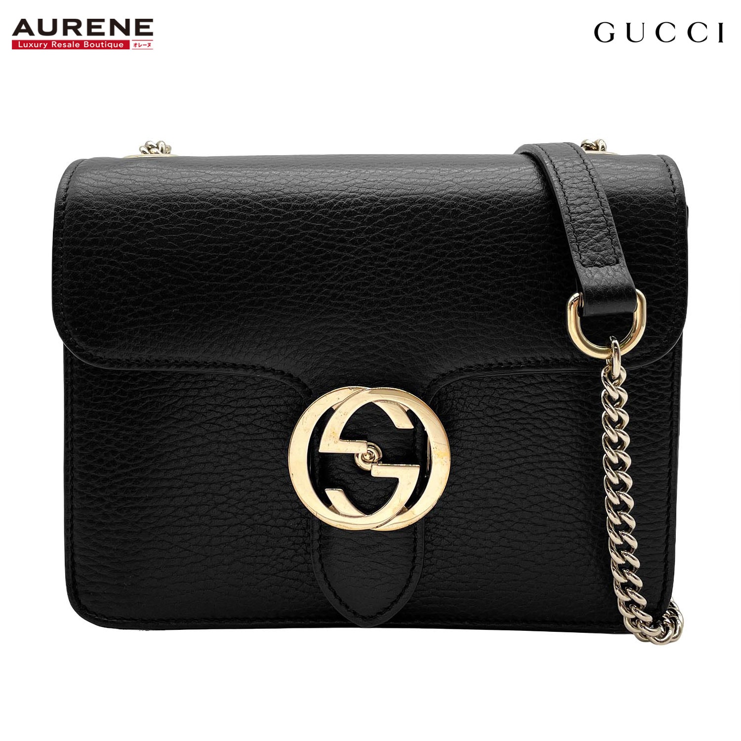 GUCCI グッチ インターロッキングG GGバックル チェーン ショルダーバッグ
 510304 レザー メタル ブラック レディース
 【中古】