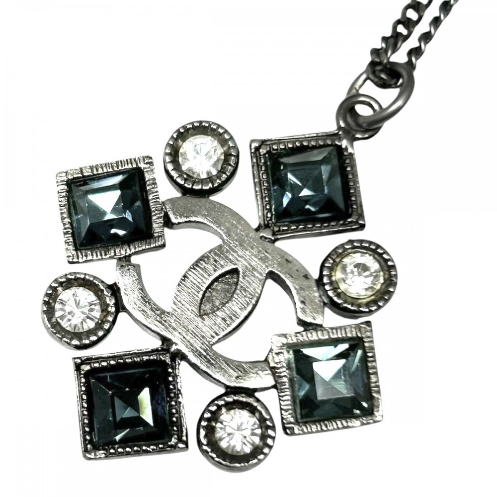 CHANEL シャネル ネックレス ココマーク アクセサリー アジャスター付き ココ ラインストーン 05P ブラック 黒 シルバー(暗め)金具 レディース 2005年【中古品】