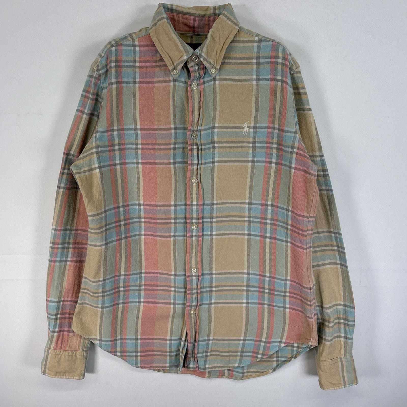 古着 ラルフローレン RALPH LAUREN 長袖シャツ ネルシャツ ロゴ 刺繍 ボタンダウン M  ベージュ系 マルチカラー メンズ