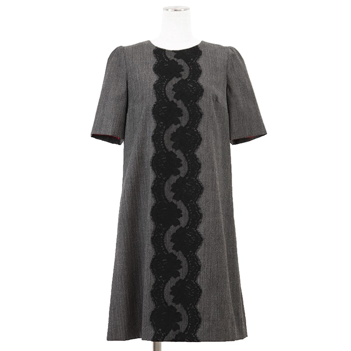 SALE【美品】DOLCE&GABBANA ドルチェアンドガッバーナ ワンピース フラワーレース サイズ 40 レディース ロゴ ウール/コットン シャンブレー ショートスリーブ ドレス グレー レッド 灰色 赤 イタリア製