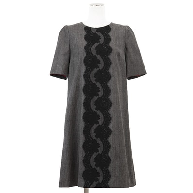 SALE【美品】DOLCE&GABBANA ドルチェアンドガッバーナ ワンピース フラワーレース サイズ 40 レディース ロゴ ウール/コットン シャンブレー ショートスリーブ ドレス グレー レッド 灰色 赤 イタリア製