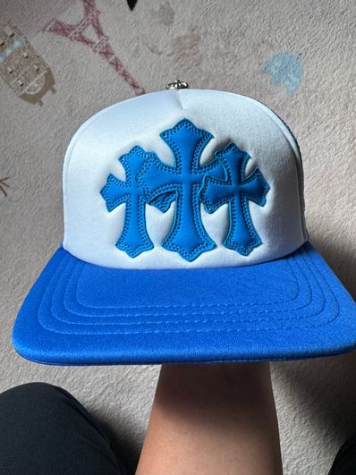 Chrome Hearts 3 Cemetery Cross Patch Trucker Hat "Blue"