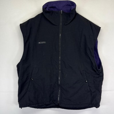 古着 コロンビア Columbia フリース ベスト リバーシブル フルジップ ワンポイントロゴ 裾ドローコード XL ブラック系 メンズ