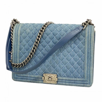 ★SALE【6ce6035-k】シャネル ショルダーバッグ ボーイシャネル チェーンショルダー デニム ブルー シルバー金具【中古】レディース