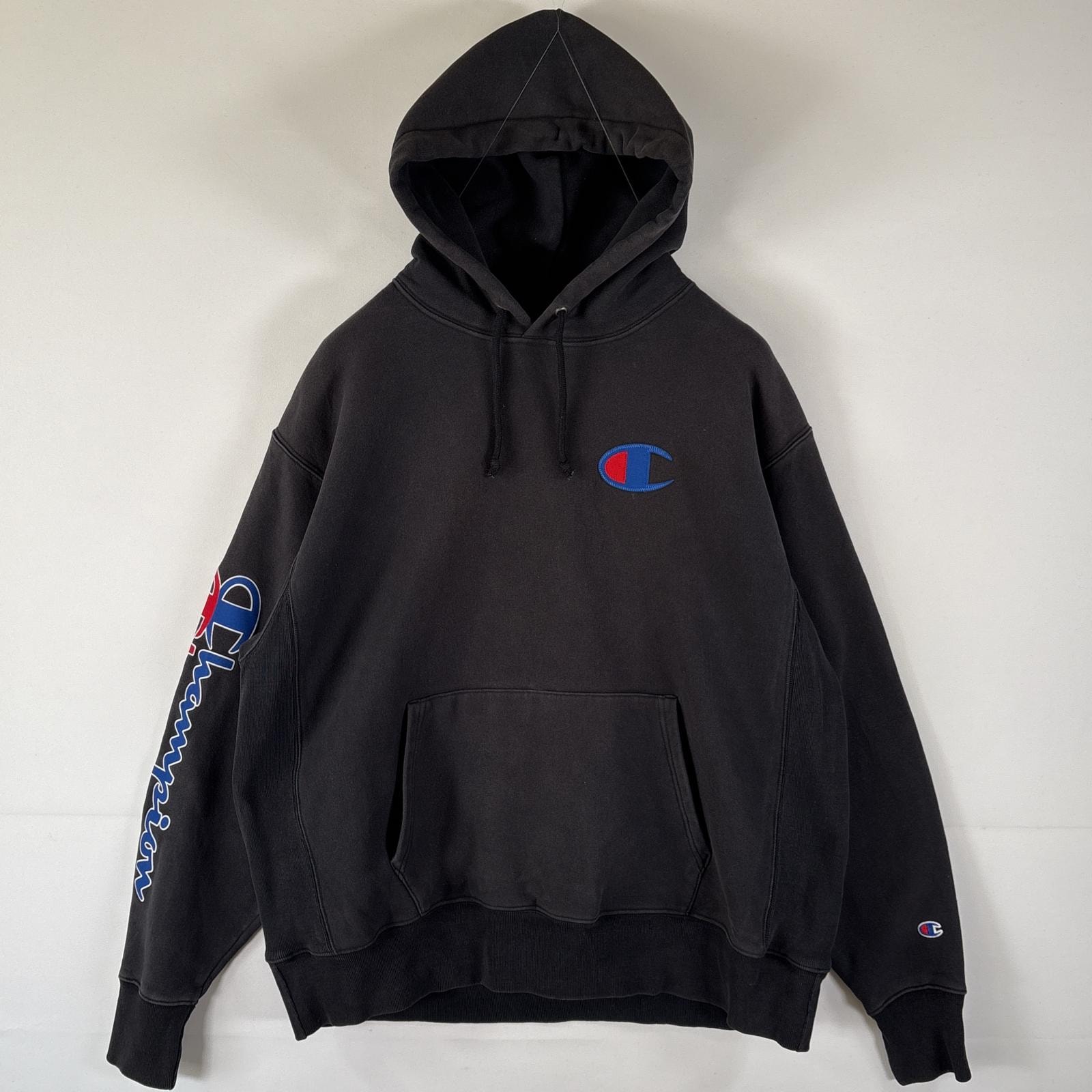 古着 チャンピオン Champion パーカー リバースウィーブ スウェット フーディ プルオーバー 袖ビッグロゴ 大きいサイズ XL  ブラック メンズ
