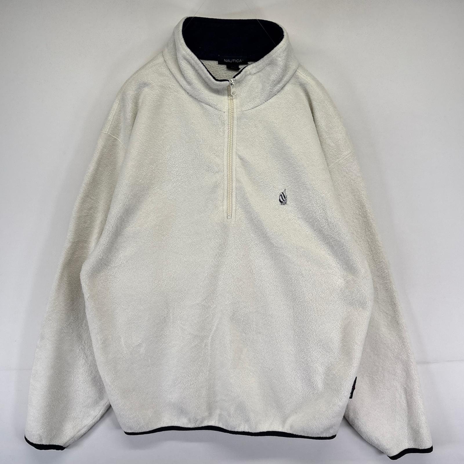 古着 ノーティカ NAUTICA USA製 フリース ジャケット ハーフジップ ワンポイントロゴ プルオーバー L  ホワイト系 メンズ
