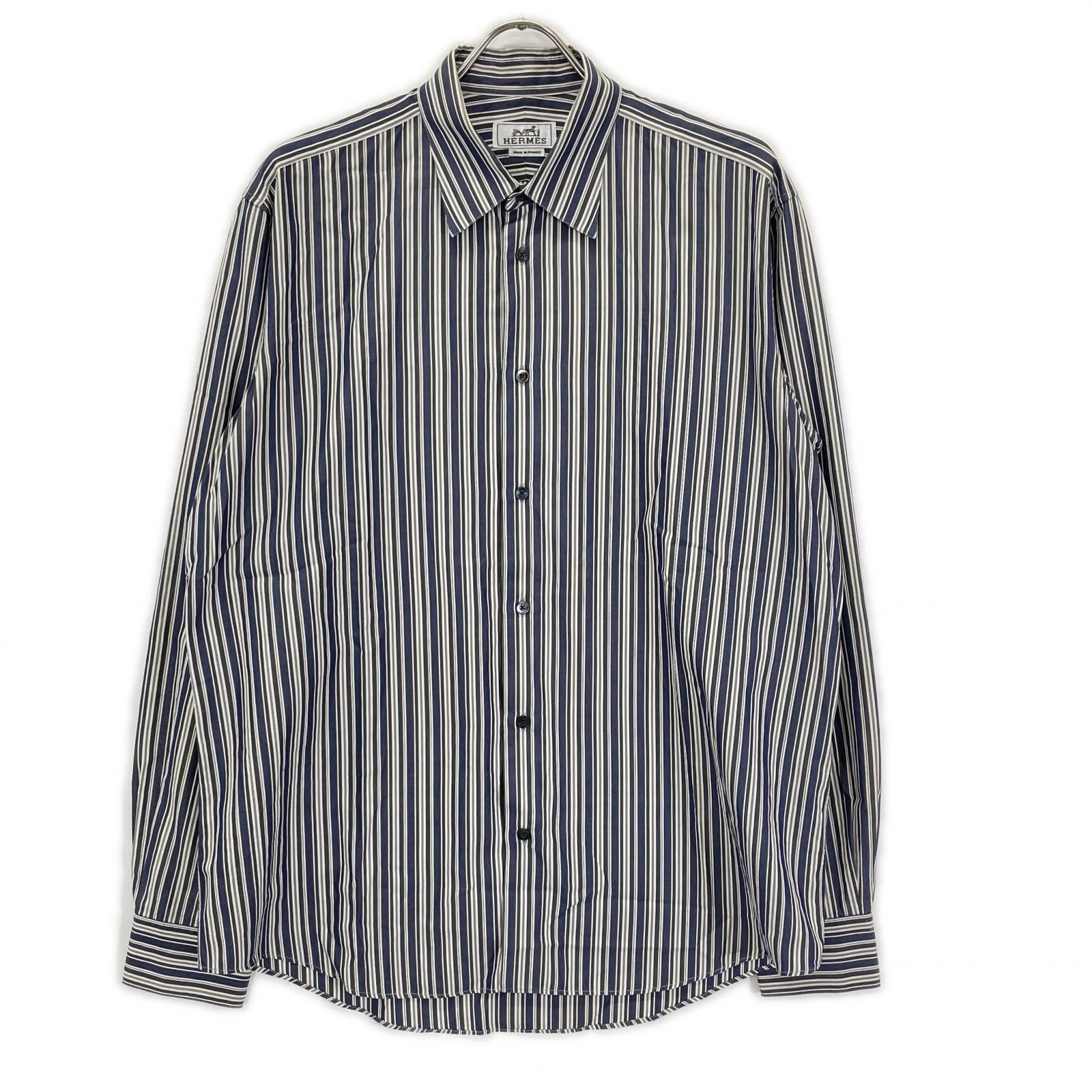 エルメス ホワイト×グレー ストライプ コットン 袖セリエボタン 長袖シャツ 41