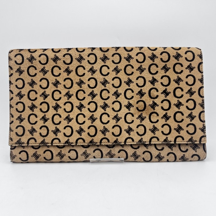 CELINE(セリーヌ)マカダム C柄 ヴィンテージ クラッチバッグ ハラコ ベージュ系 レザー フラップ レディース 【中古】