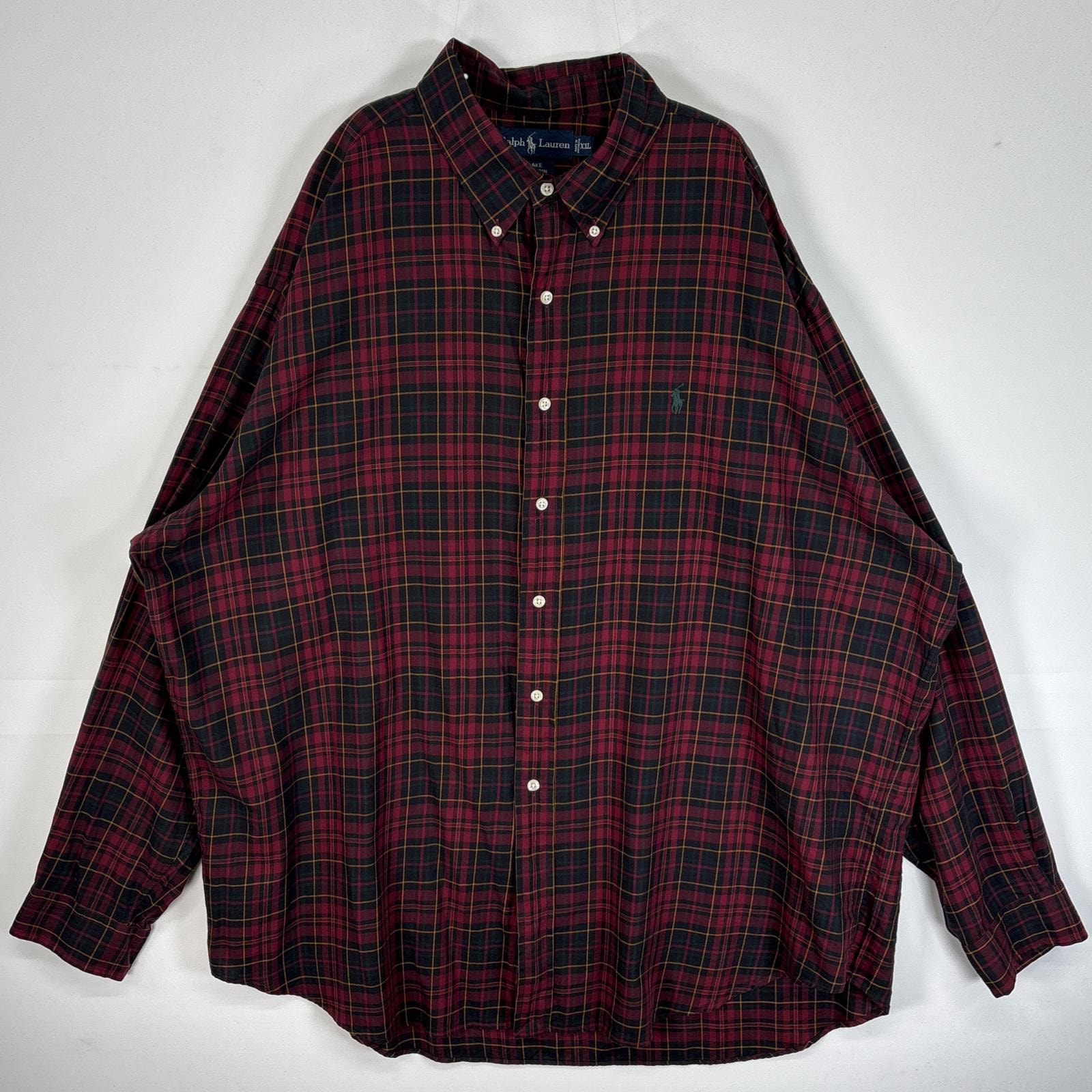 古着 ラルフローレン RALPH LAUREN 長袖シャツ チェック柄 大きいサイズ 薄手 ロゴ 刺繍 14041  ワインレッド系 マルチカラー メンズ