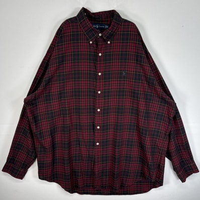 古着 ラルフローレン RALPH LAUREN 長袖シャツ チェック柄 大きいサイズ 薄手 ロゴ 刺繍 14041 ワインレッド系 マルチカラー メンズ