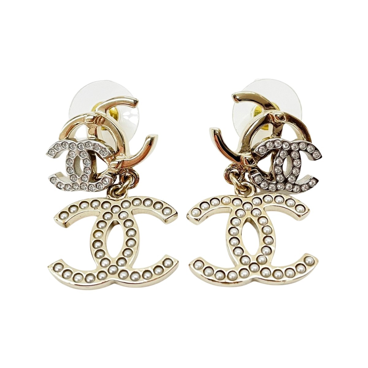CHANEL シャネル ピアス トリプルココマーク ラインストーン フェイクパール
