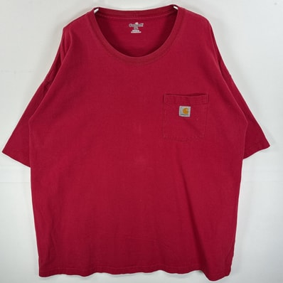 古着 カーハート Carhartt 半袖Tシャツ 肉厚 ワンポイント ロゴ 胸ポケ 2XL レッド 無地 メンズ