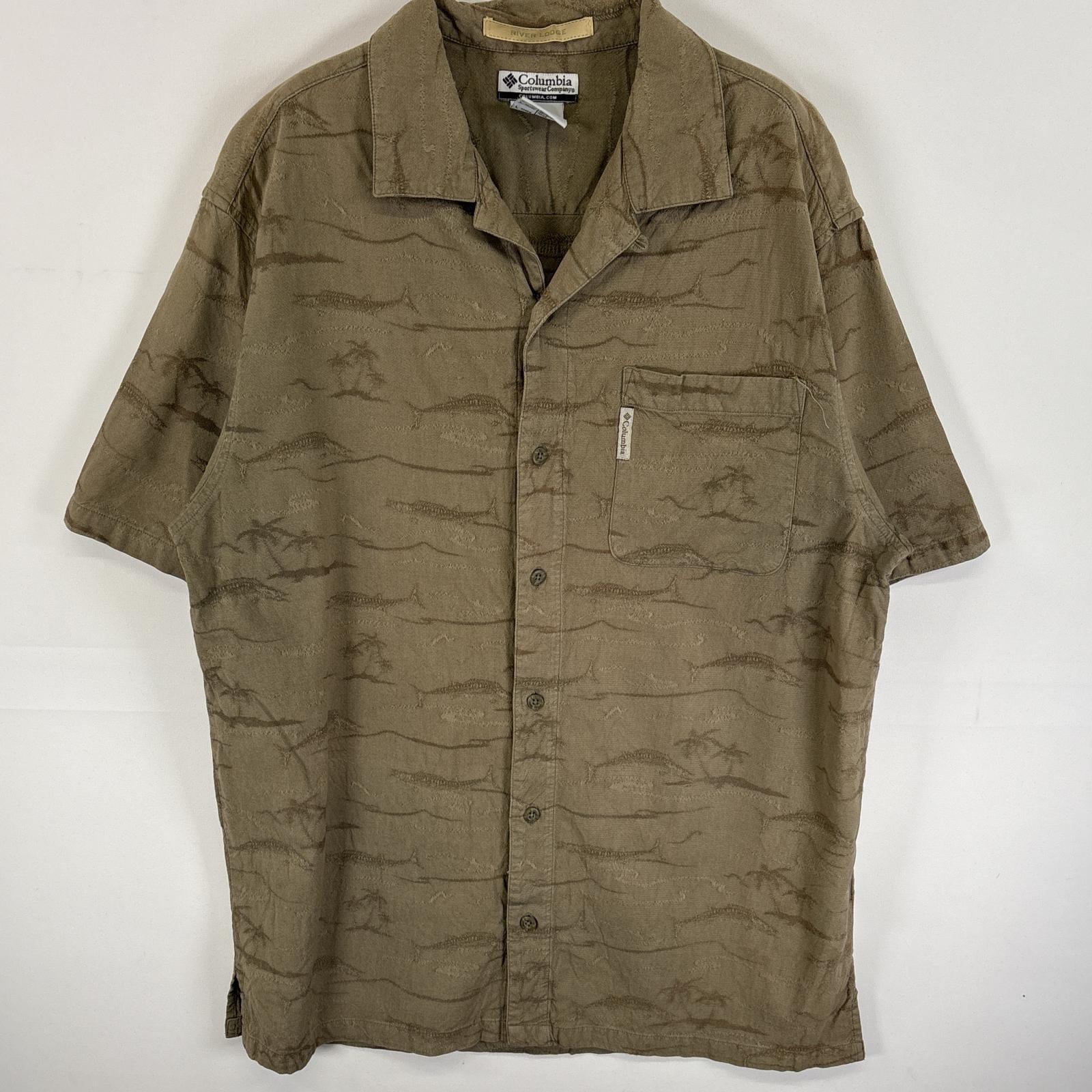 古着 コロンビア Columbia 半袖シャツ ヤシの木 魚柄 オープンカー L  ベージュ系 総柄 メンズ