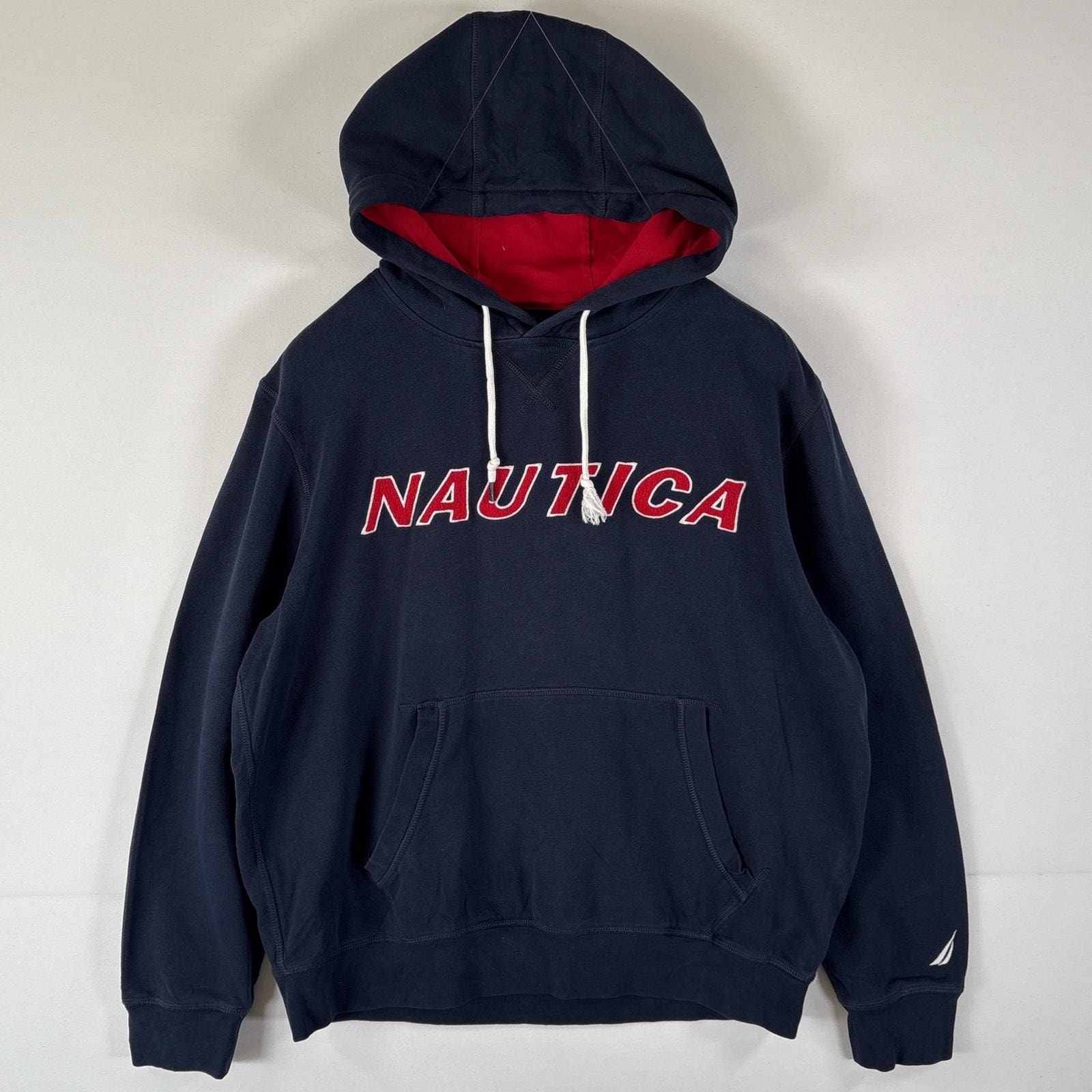 古着 ノーティカ NAUTICA パーカー スウェット フーディ プルオーバー ビッグロゴワッペン L  ネイビー メンズ