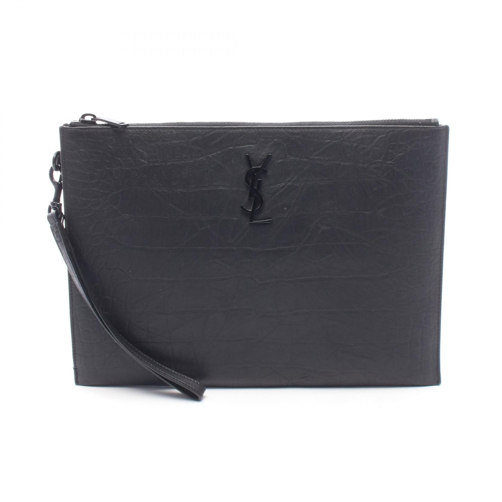 サンローランパリ SAINT LAURENT PARIS カサンドラ ジップタブレットホルダー クロコ型押し セカンドバッグ クラッチバッグ バッグ レザー メンズ ブラック系 667686 【中古】