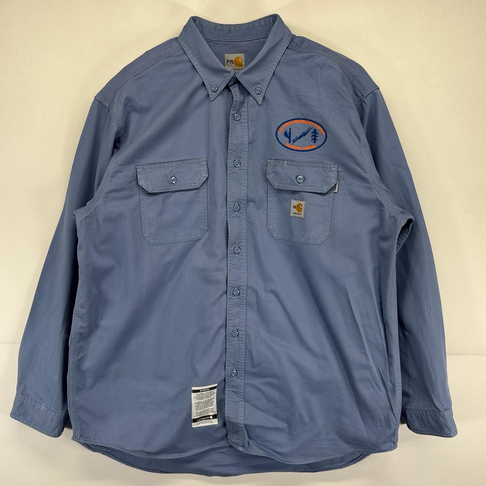 古着 カーハート Carhartt 長袖シャツ 大きいサイズ ワークシャツ 無地 企業ロゴ刺繍 ワンポイントロゴ 胸ポケット 2XL  ブルー系 メンズ