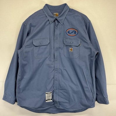 古着 カーハート Carhartt 長袖シャツ 大きいサイズ ワークシャツ 無地 企業ロゴ刺繍 ワンポイントロゴ 胸ポケット 2XL ブルー系 メンズ