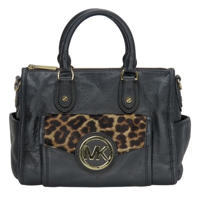 【中古】 マイケルコース ハンドバッグ レザー ブラック ゴールド金具 レオパード ヒョウ柄 レディース 女性 Michael Kors