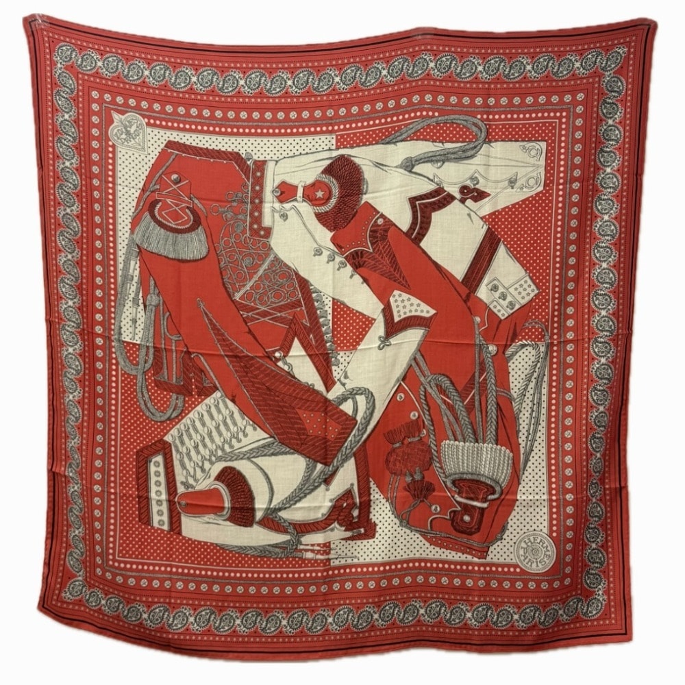 エルメス HERMES カレジェアン 140 カレジェアン140 Zouaves et Dragons ズアヴとドラゴン 大判 ショール ストール スカーフ カシミヤ レッド 新品同様