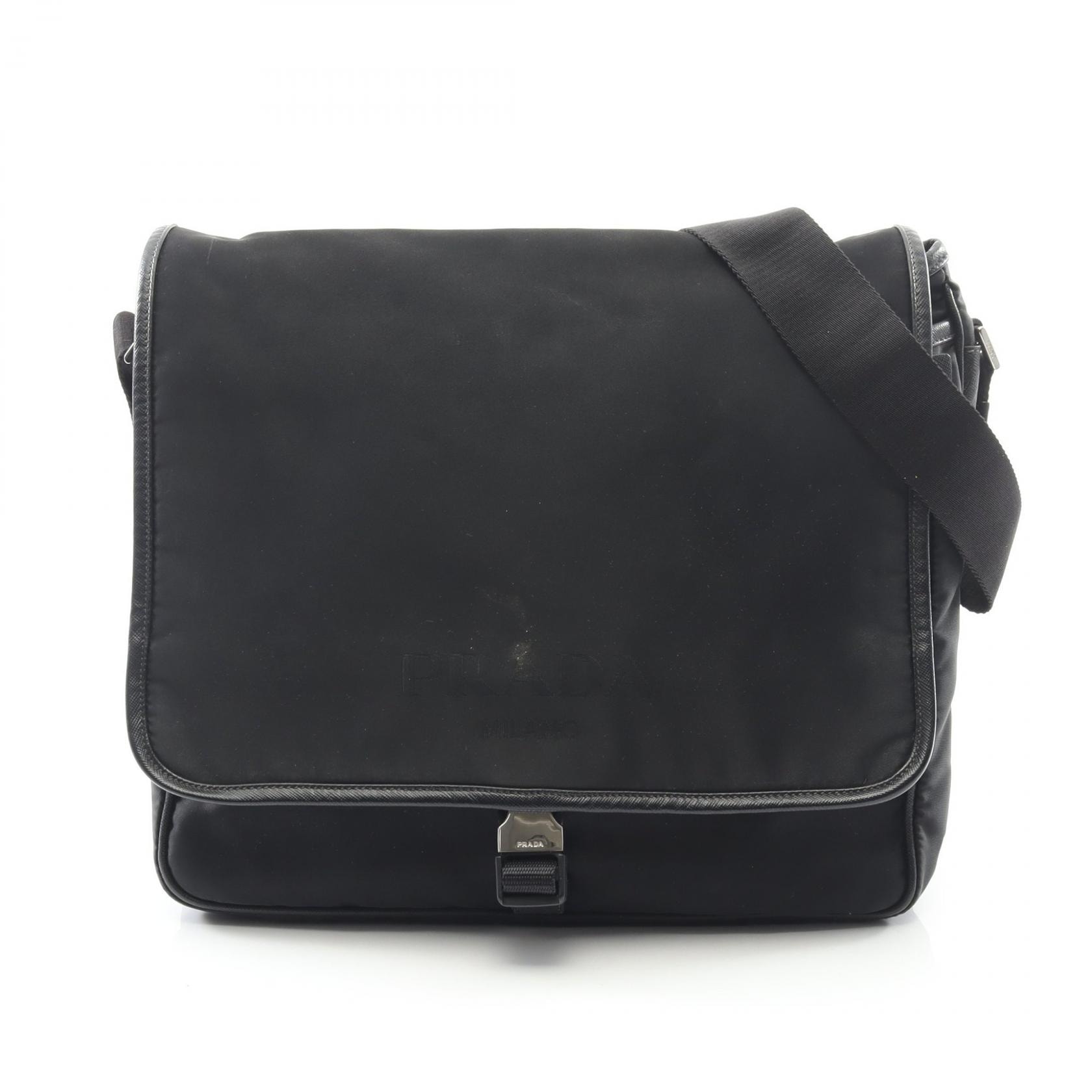 プラダ PRADA TESSUTO+SAFFIANO ロゴ ショルダーバッグ バッグ ナイロン サフィアーノレザー メンズ レディース ブラック系 2VD166 【中古】