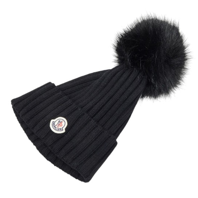 モンクレール ロゴ ポンポン付き ニットキャップ ニット帽 ブラック ウール レディース MONCLER 【中古】