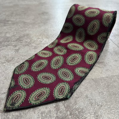 【RALPH LAUREN】ラルフローレン メダリオン オーバル 楕円 小紋柄 ネクタイ ボルドー グリーン ベージュ シルク100% 日本製 メンズ 紳士