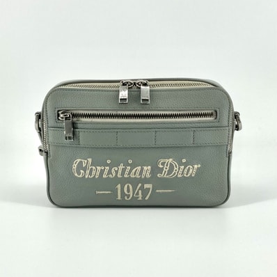 Christian Dior(クリスチャンディオール) Safariメッセンジャー シグネチャーロゴエンブロイダリー レザー ショルダーバッグ グレー×ホワイト