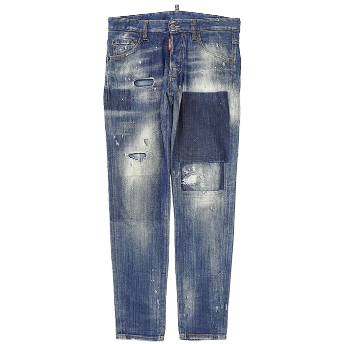 【SALE】DSQUARED2 ディースクエアード デニムパンツ サイズ 44 メンズ 2018年モデル Skinny Dan Jean ジーンズ リメイク ペイント ダメージ加工 ロゴ レザーパッチ ボタンフライ ボトムス ライトインディゴ イタリア製