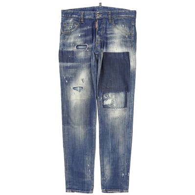 【SALE】DSQUARED2 ディースクエアード デニムパンツ サイズ 44 メンズ 2018年モデル Skinny Dan Jean ジーンズ リメイク ペイント ダメージ加工 ロゴ レザーパッチ ボタンフライ ボトムス ライトインディゴ イタリア製