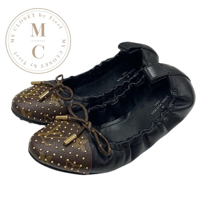 ルイヴィトン LOUIS VUITTON フラーティーライン モノグラム フラットシューズ 靴 シューズ レザー ブラック ブラウン ゴールド バレエシューズ バレリーナ リボン スタッズ