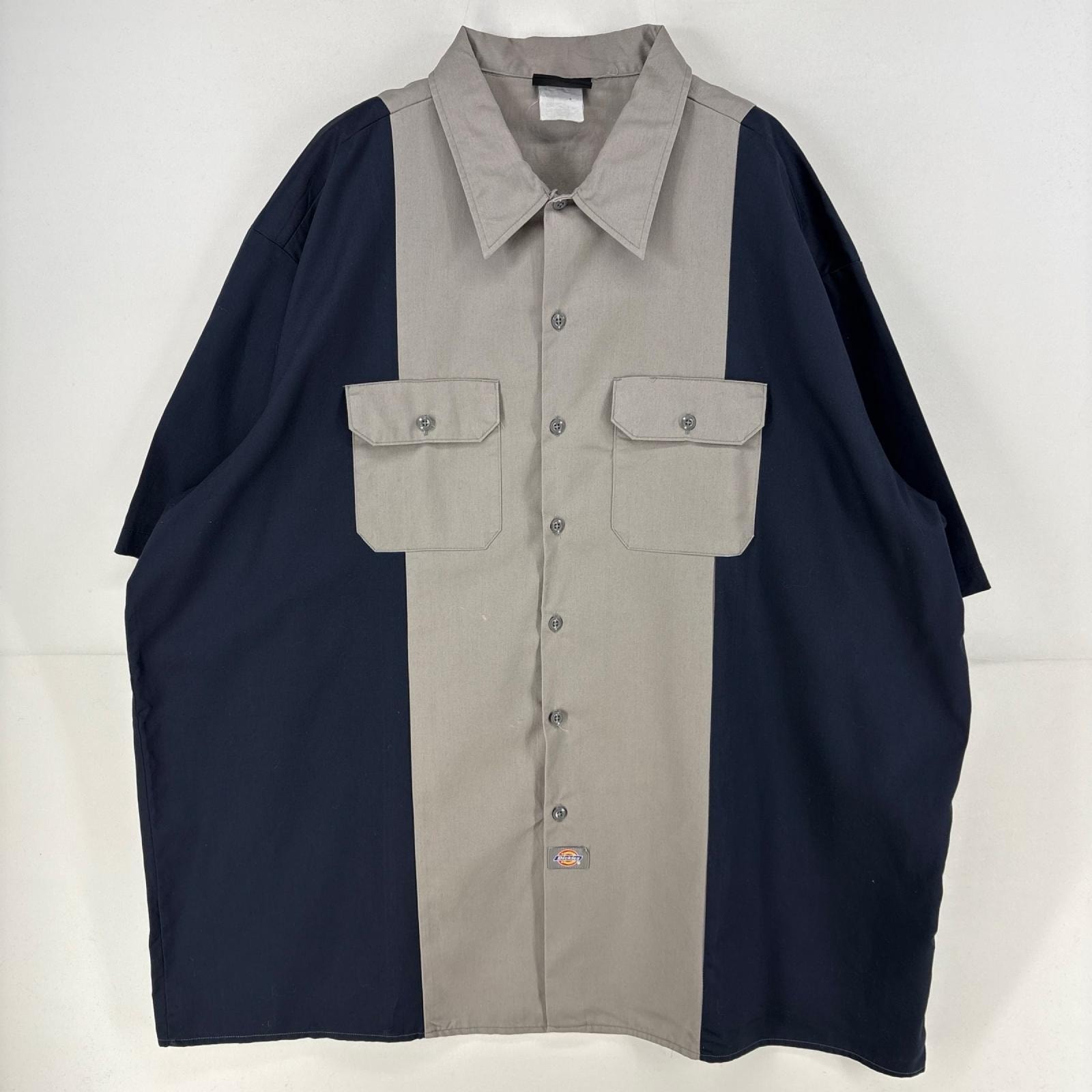 古着 ディッキーズ Dickies 半袖シャツ ワーク 胸ポケット ワンポイント ロゴ 大きいサイズ ツートンカラー 4XL  グレー系 メンズ