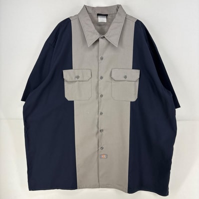 古着 ディッキーズ Dickies 半袖シャツ ワーク 胸ポケット ワンポイント ロゴ 大きいサイズ ツートンカラー 4XL グレー系 メンズ