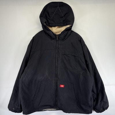 古着 ディッキーズ Dickies ワークジャケット ダック ボア パーカー 大きいサイズ ワンポイントロゴ 3XLR ブラック メンズ