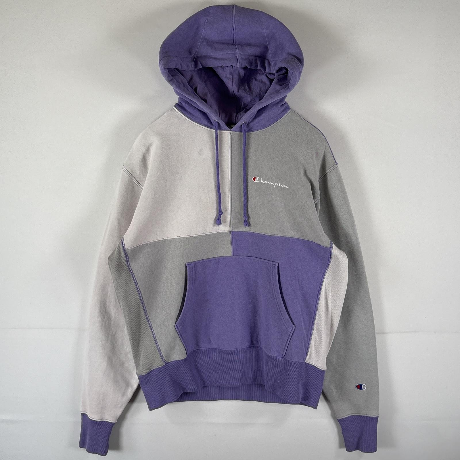 古着 チャンピオン Champion パーカー リバースウィーブ スウェット パッチワーク ワンポイントロゴ フーディ MEDIUM パープル メンズ