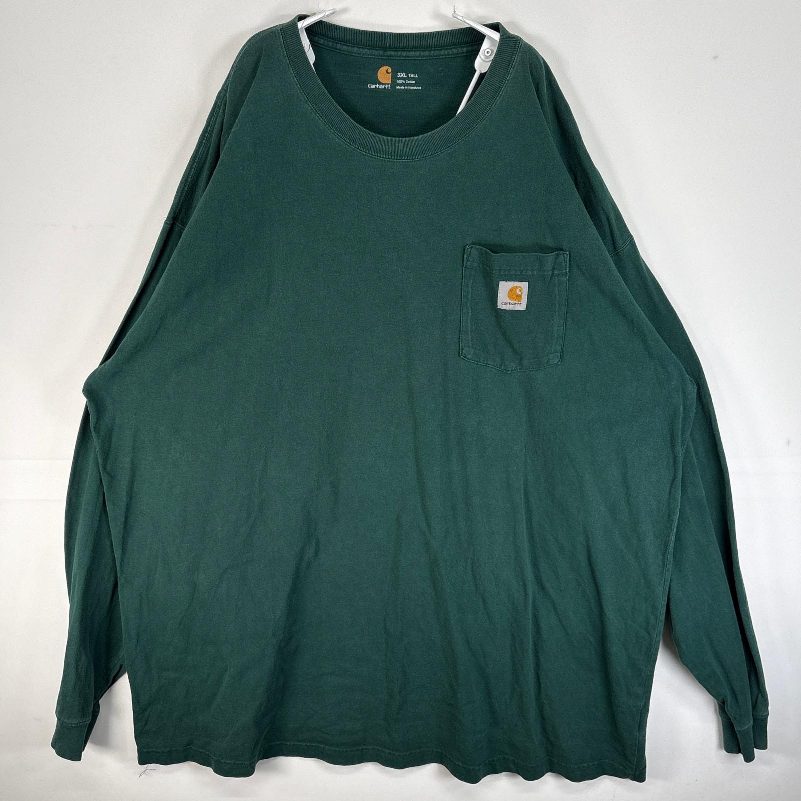 古着 カーハート Carhartt 長袖Tシャツ 大きいサイズ 肉厚 ワンポイント ロゴ 胸ポケ クルーネック 3XL  グリーン 無地 メンズ